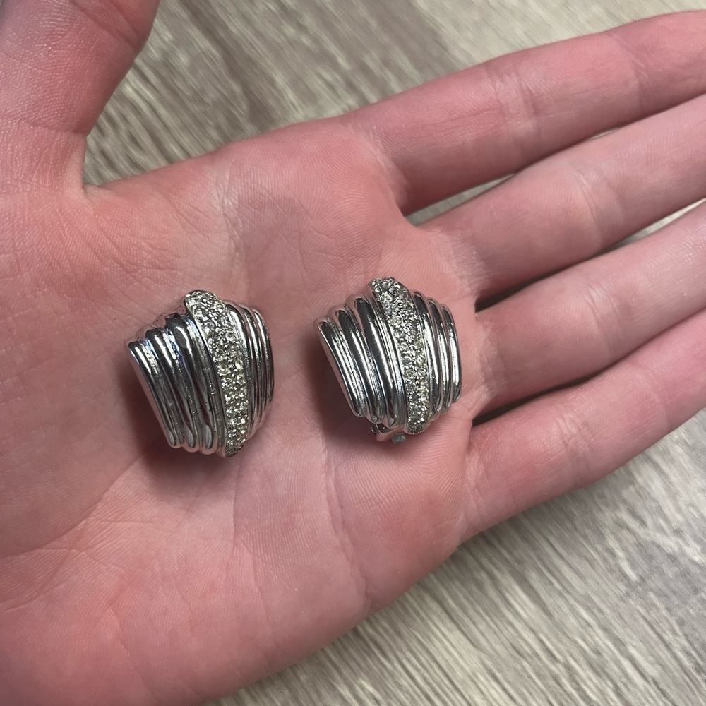 Vintage Silver Christian Dior Pave Clip-On Earrings